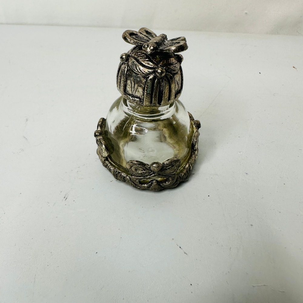 Vintage Butterfly Glass Perfume Bottle Silver Tone Metal Filigree Bow Stopper